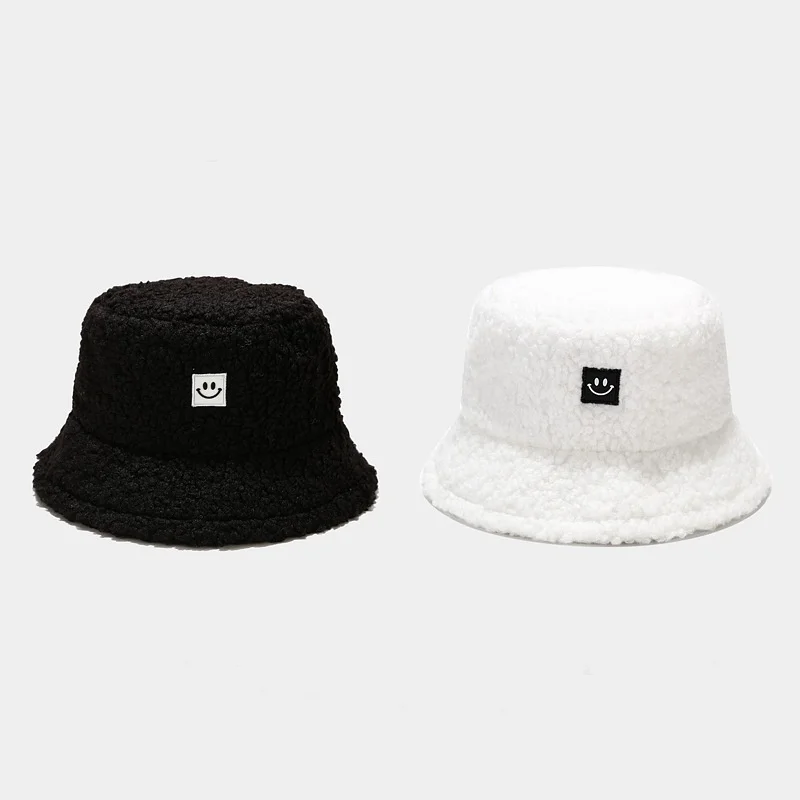 

Faux Fur Smile Bucket Hat Winter Warm Teddy Velvet Hats For Women Lady Thicken Bob Panama Outdoor Fisherman Hat Caps