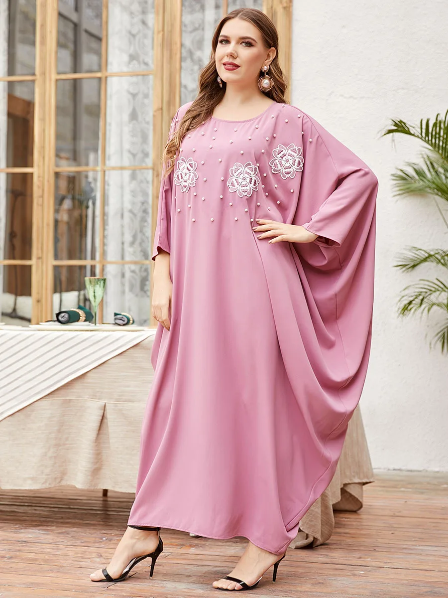 2021 Oversized Batwing Sleeve Muslim Arabic Oman Robe  Pink Pearl Beaded Embroidery Dressing Gowns for Women Ramadan Eid