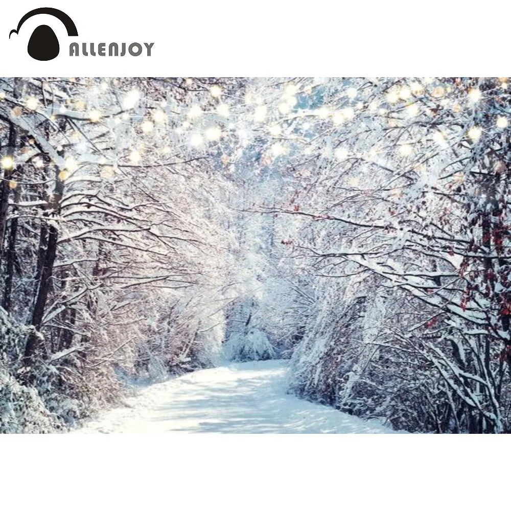 

Allenjoy Winter Christmas Backdrop White Snow Forest Trees New Year Shiny Bulbs Outdoor Party Decoration Background Photozone