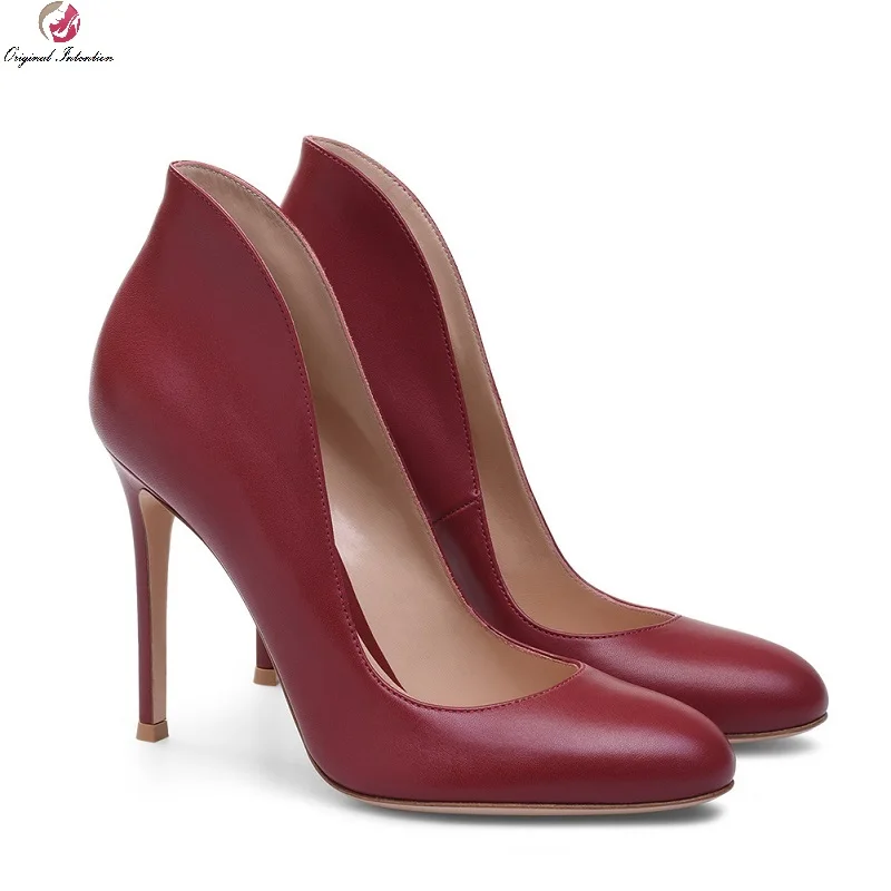 

Women's Round Toe High Heels Burgundy Black PU 12CM Thin High Heels Woman Shoes Dress Wedding Office Slip On Pumps Plus Size 45