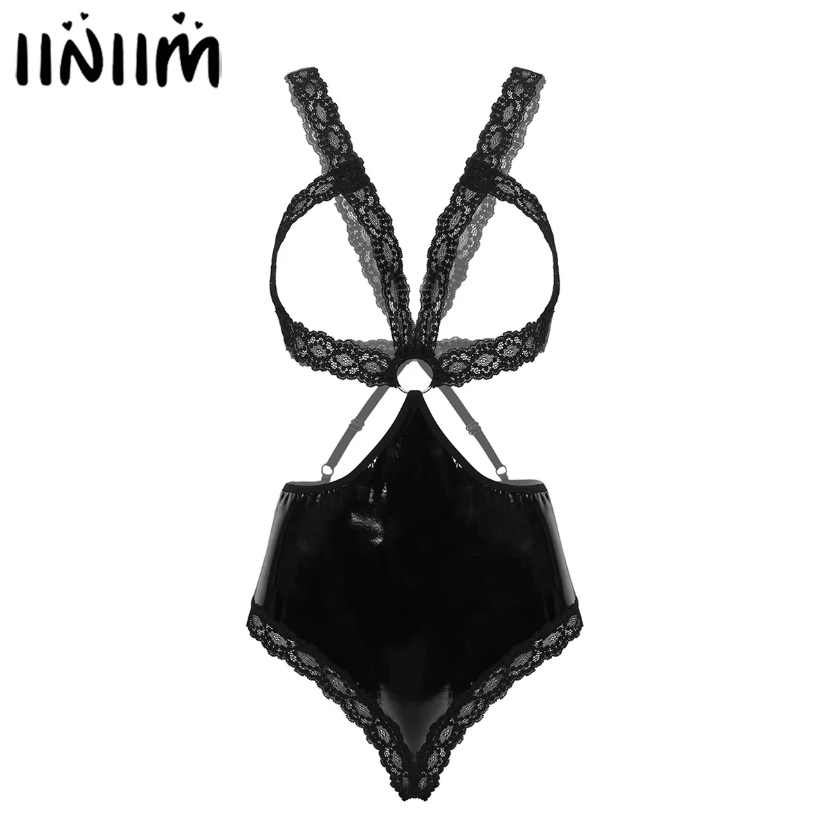 

Womens Erotic One-piece Lingerie Floral Lace Open Cups with Patent Leather Spliced Open Butt Bottoms Teddy Bodysuit Nightwear