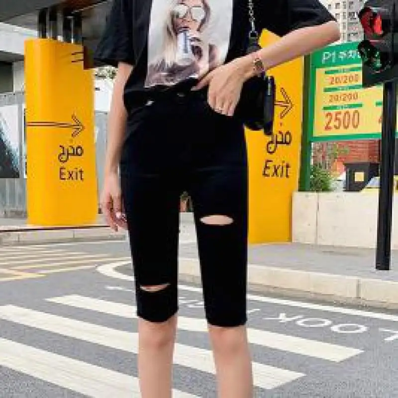 

Genayooa Plus Size Korean High Waist Biker Shorts Women Black Spandex Denim Shorts Jeans Summer 2020 Streetwear Short Feminino
