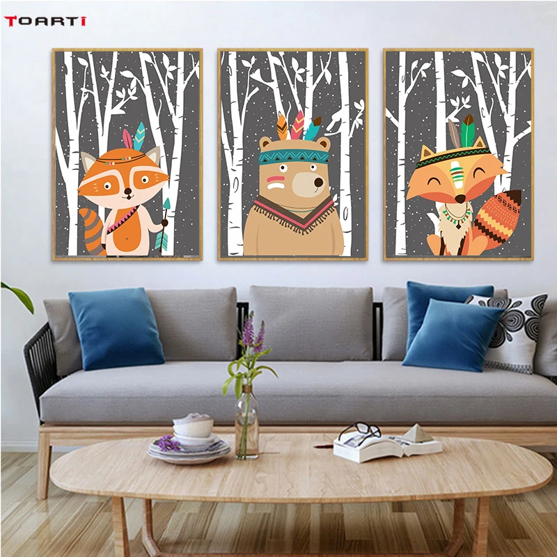 Постеры с мультяшными животными из леса лиса медведь холст живопись на стене для
