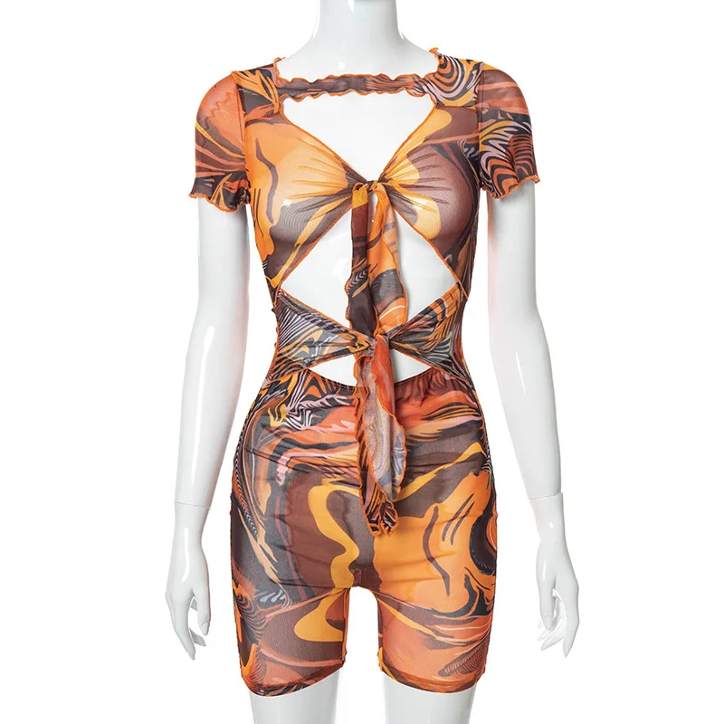 

K21RP312 European and American fashion women's summer new style tie-dye sexy short-sleeved strappy umbilical slim fit shorts