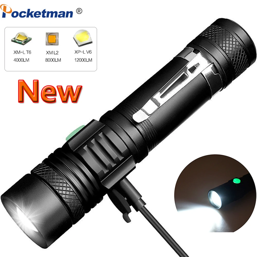 Фонарик Pocketman T6/L2/V6 светодиодный с зажимом водонепроницаемый перезаряжаемый