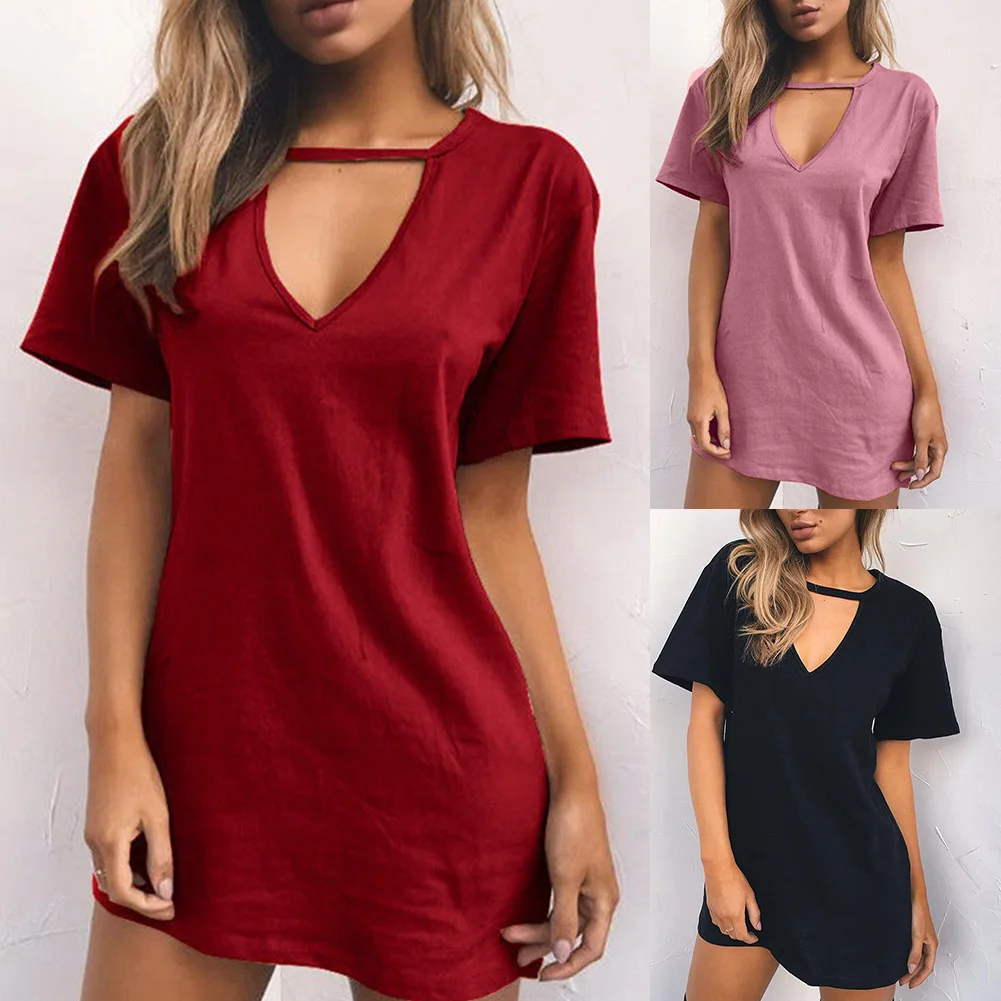

Hot Fashion Women Solid Color Sexy V Neck Short Sleeve Casual Loose T-shirt Dress