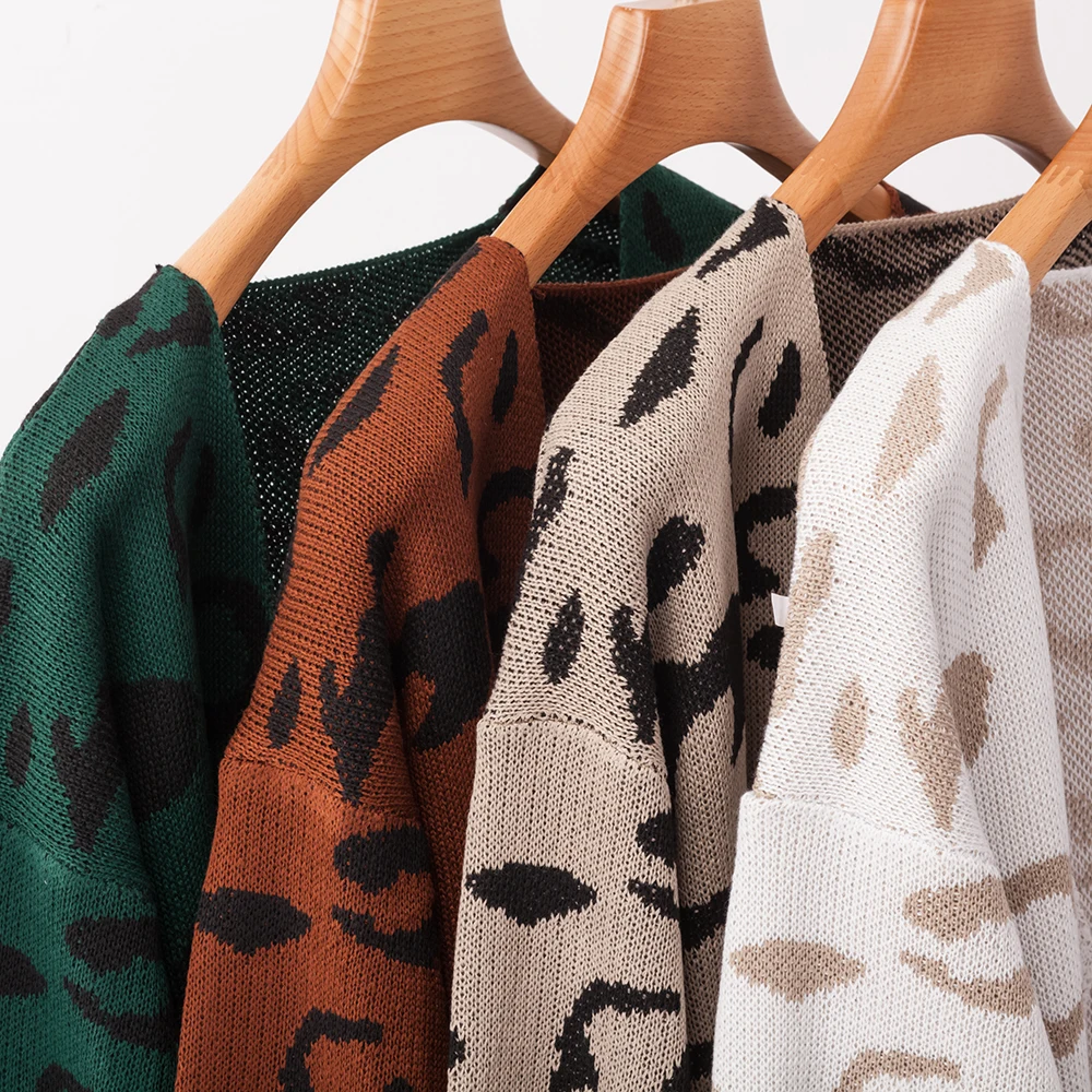 

2019 New Brand Autumn Winter Warm Fashion Women Leopard Print Long Sleeve Loose Knitting Sweater Knitted Coat Female Cardigan