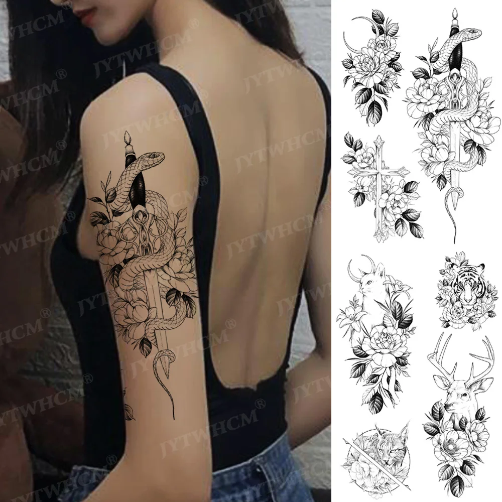 

Temporary Tattoos Waterproof Stickers Fake Sleeves Big Picture Women Black Snake Sword Sketchs Flowers Flash Body Tattoo Sticker