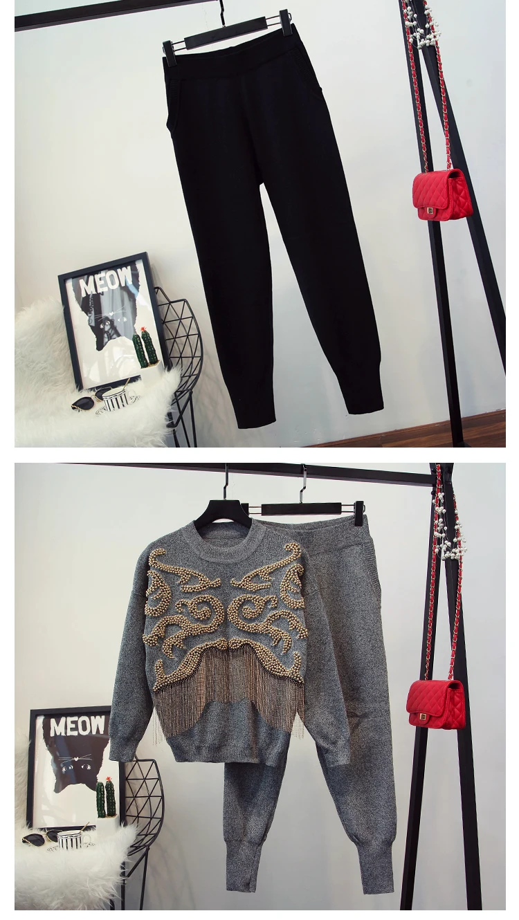 

New winter and heavy sweater Beaded tassels casual pants suit fashion