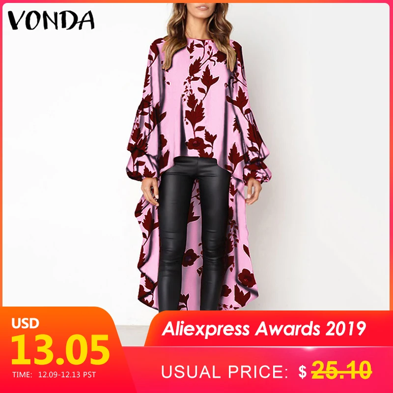 Женские блузки размера плюс, VONDA, винтажные сексуальные длинные топы с рукавом-фонариком и асимметричным подолом, повседневные рубашки с длинным рукавом, Femme Blusas