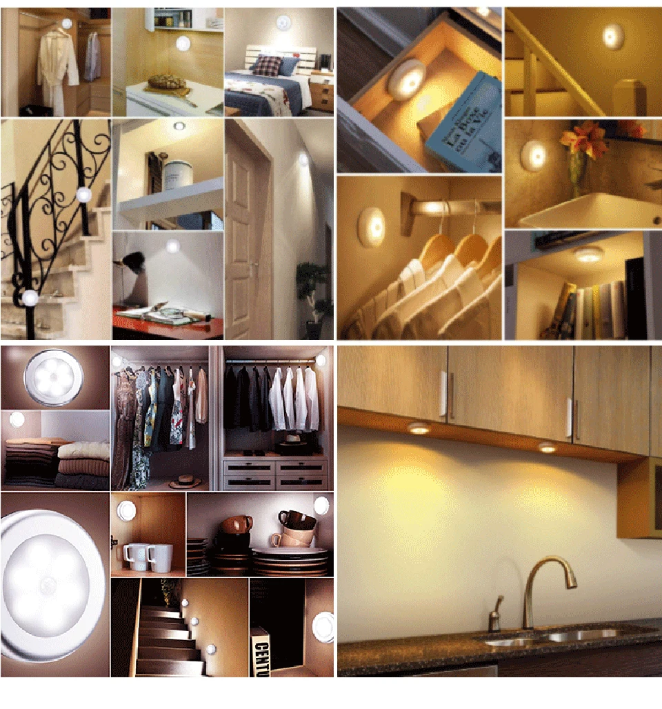 

LED Cabinet Lights PIR Motion Sensor Night Lamp 6LEDs Wireless Closet Wall Lamp With Magnetic Lanyard For Stair Kitchen Bedroom