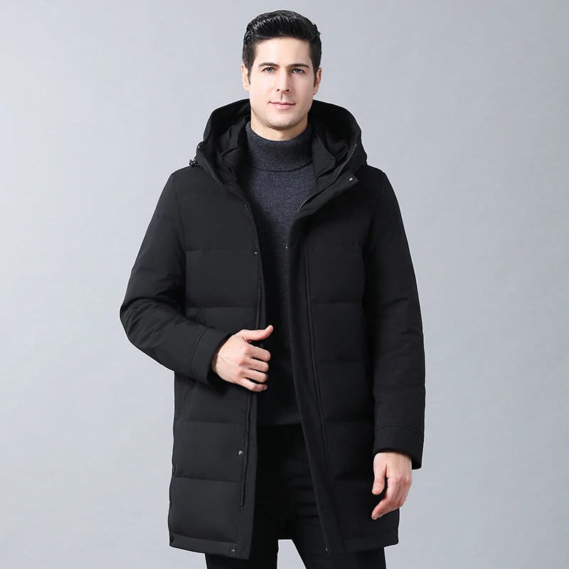 Мужской русский зимний утепленный длинный пуховик с капюшоном