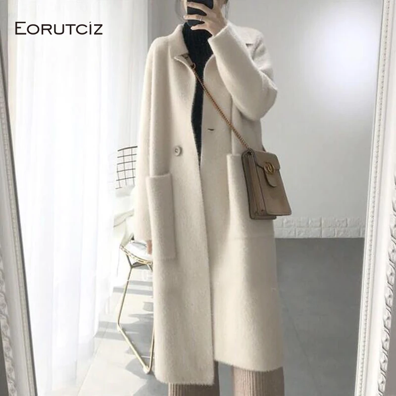 

EORUTCIZ Winter Velvet Women Jacket Long Warm Thick Oversize Coat Streetwear White Vintage Autumn Outerwear LM553