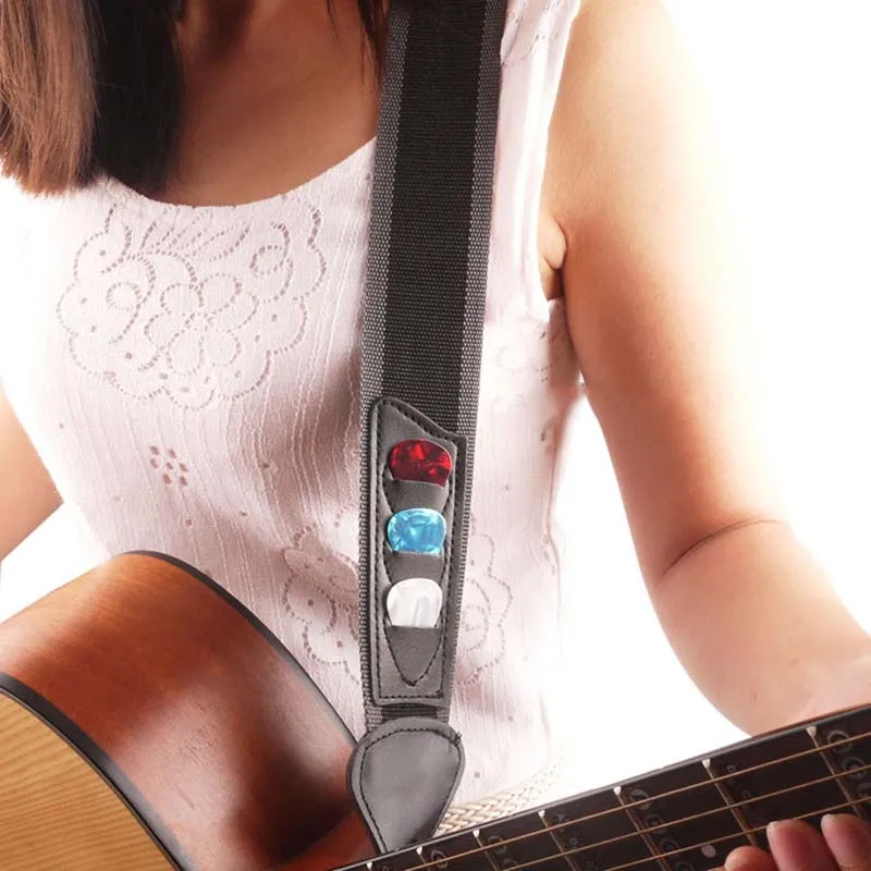 

Electric Acoustic Bass Guitar Strap Adjustable Belt Pick Guitar Picks Holders Leather Ends Multifunctional Black Nylon