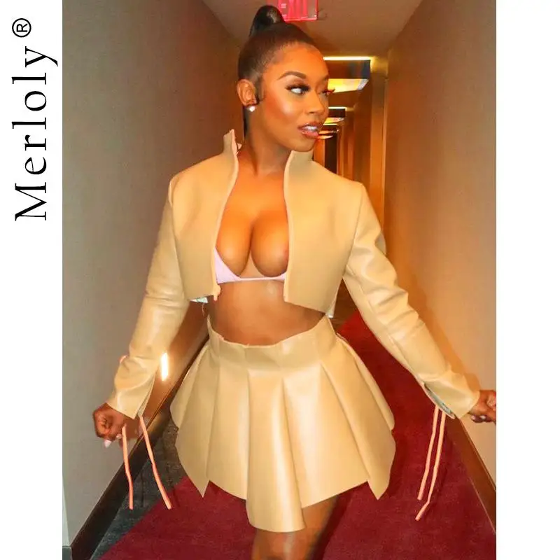 

Fall Long Sleeve Bandage Stand Collar Crop Top & Zipper Pleated Skirts Club Women's Suit Street PU Leather Two Piece Dress Sets