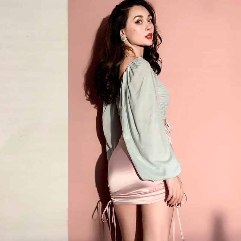 2019 Light Green Lantern Sleeve High Street Women Blouses | Женская одежда