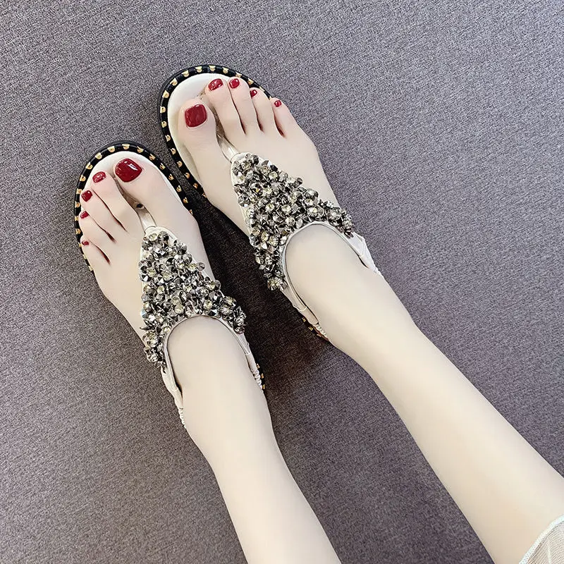 Сандалии со стразами Женские Вьетнамки с Стразы летние туфли на плоской подошве