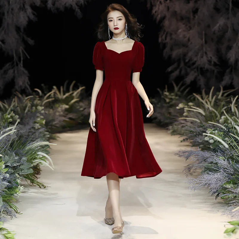 

Burgundy Exquisite Evening Party Dress Female Sexy Square Collar Temperament Banquet Gown Elegant Bride Wedding Dresses S-3XL