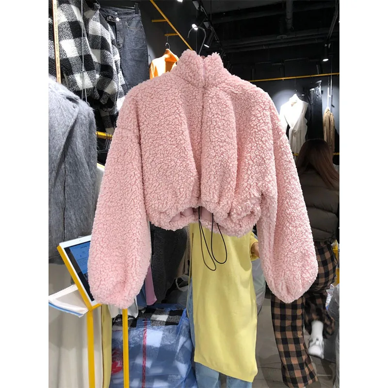 

Women's jacket 2021 winter new fashion drawstring short thick padded imitation lamb wool jacket female trend