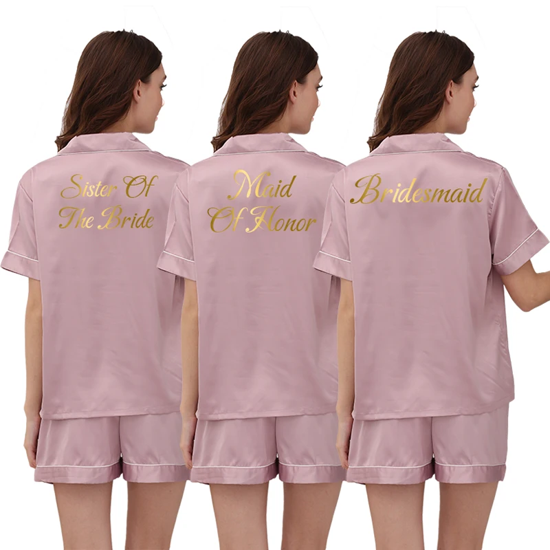 Pajamas Set Womens Ladies Satin Wedding Bridesmaid Bride Pyjama Set Silky Lounge Wear Pajamas Short Sleeve Pjs Set