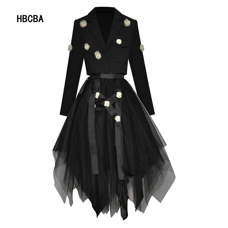 

Женский костюм с юбкой HBCBA, черная короткая куртка с длинным рукавом и аппликацией и асимметричная сетчатая юбка, осень 2019