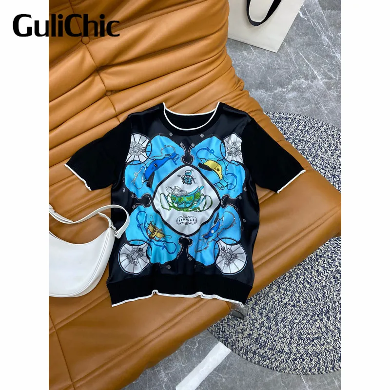 

6.5 HIGH END QUALITY Silk Patchwork Print Loose Fashion Comfortable T-Shirt Women