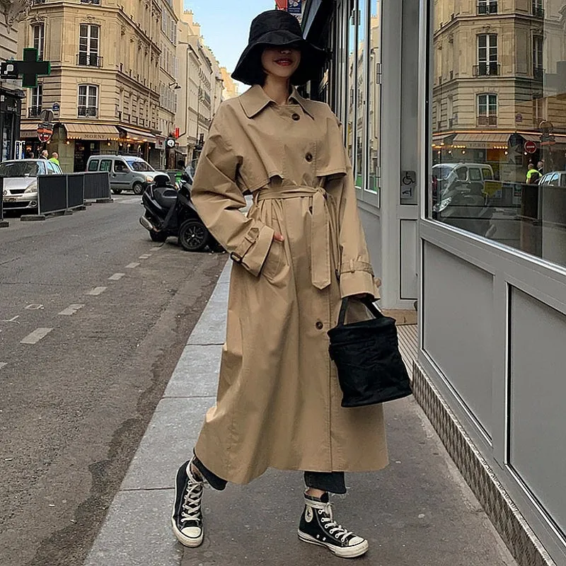 

Women's Spring Autumn Coat Tops Korean-style Waist Hugging Mid-length Over-the-Knee Pure Cotton High Quality Women Trench Coat