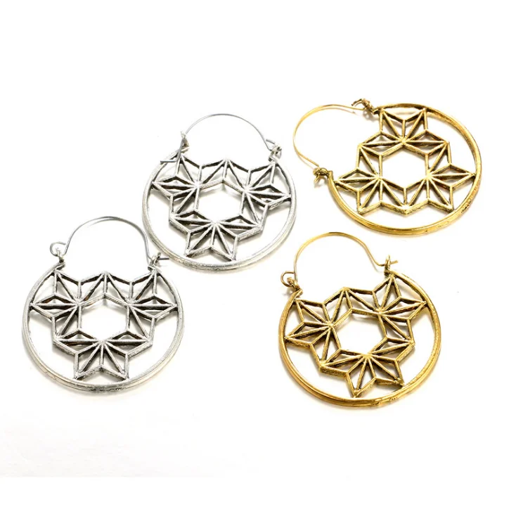 Винтажные старинные золотые серебряные геометрические полые серьги-кольца с