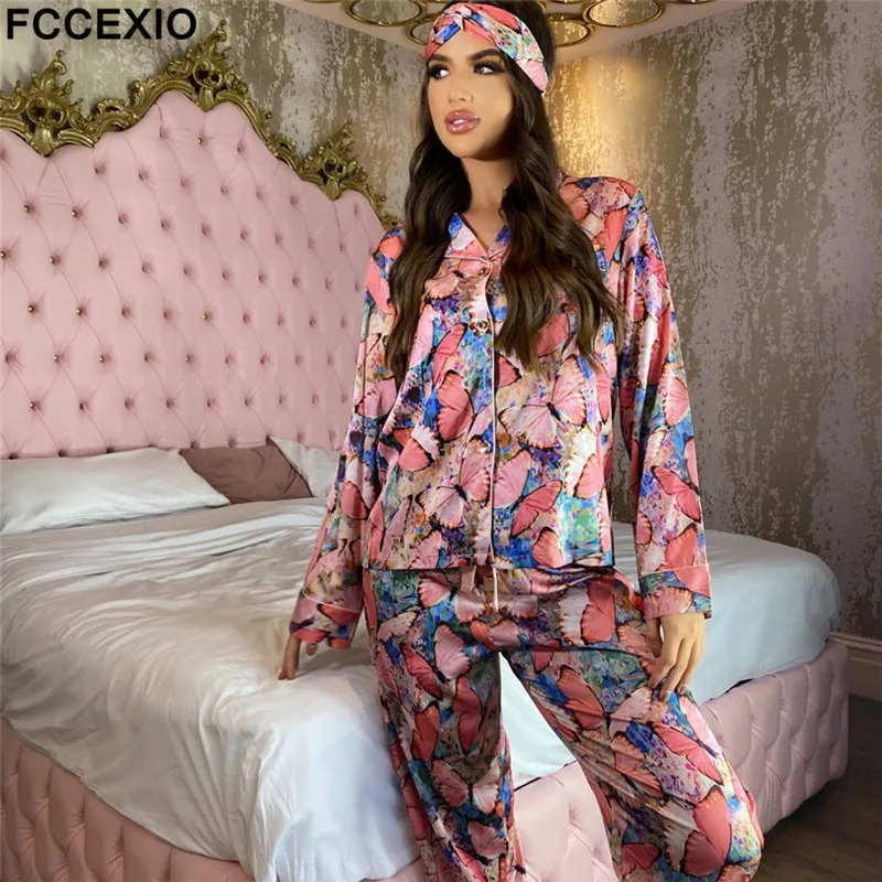 FCCEXIO 3 PCS Pajamas Set Women Butterfly Print Satin Silk Pyjamas Sexy Long Sleeve Shirt Pants How Suit Lingerie Sleepwear 2021