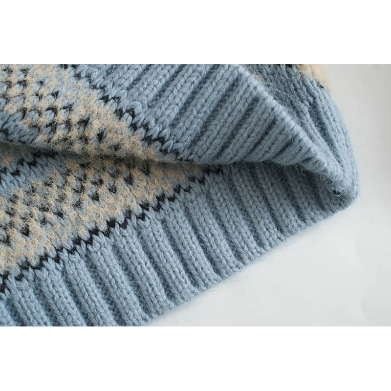 

Women 2020 Fashion With Ribbed Trims Jacquard Knitted Sweater Vintage O Neck Long Sleeve Female Pullovers Chic Tops Woman's Swea