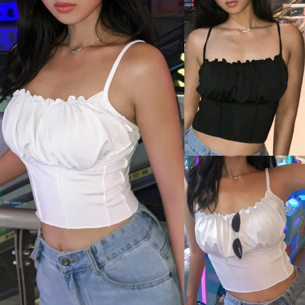 

Streetwear Short Tee Tops Solid Clubwear Sexy Women Sleeveless Strap Crop Tops Cami Vest Camisole Bralette Bustier Shirt Summer
