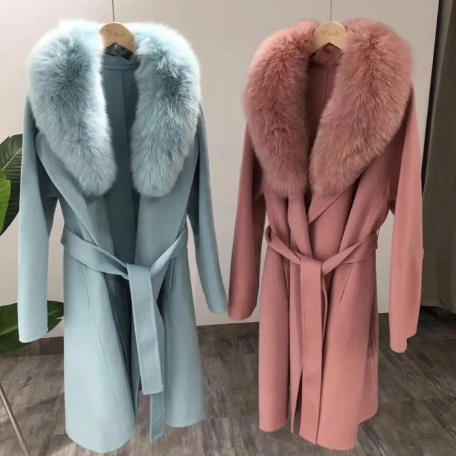 

Women 2020 new Natural Fox Fur Collar Cashmere Wool Blends Coat Women Long Outerwear Belt Vintage High Quality