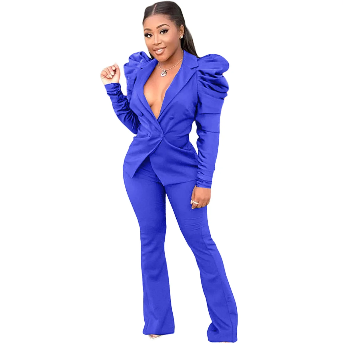 

Fashion Suit Two Pieces Sets Women Pleated Puff Sleeve Deep V Double Breasted Coats Bodycon Bell Bottoms Pants For Office Lady