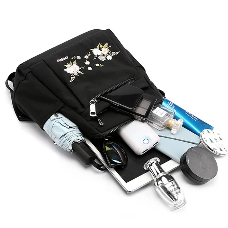 Light Nylon Women Backpack Black Zipper School Bags for Teenage Girls Flower Embroidery Female Rucksack High Capacity | Багаж и сумки