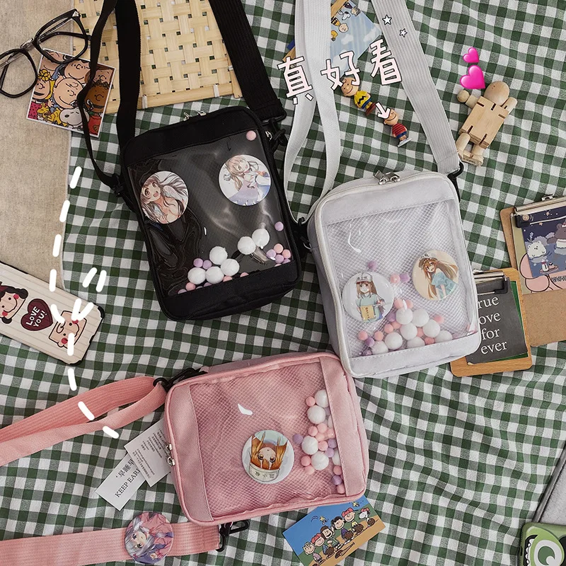 

Japan itabag school girls student small canvas bag mesh pocket with colorful hairballs transparent bag flap crossbody bag women