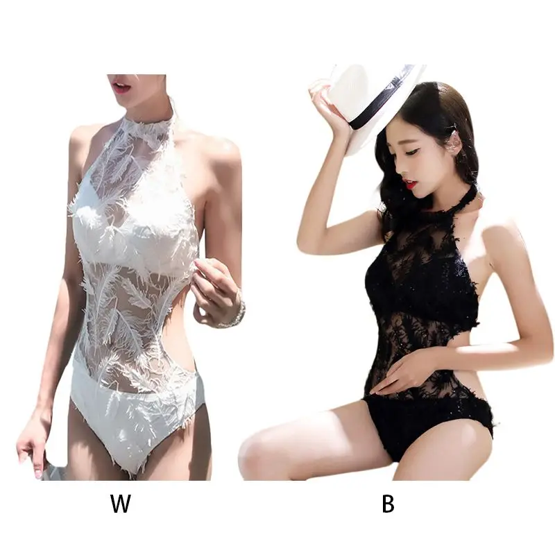 Цельный купальник для женщин с лямкой на шее перо кружевное пляжное бикини пуш ап