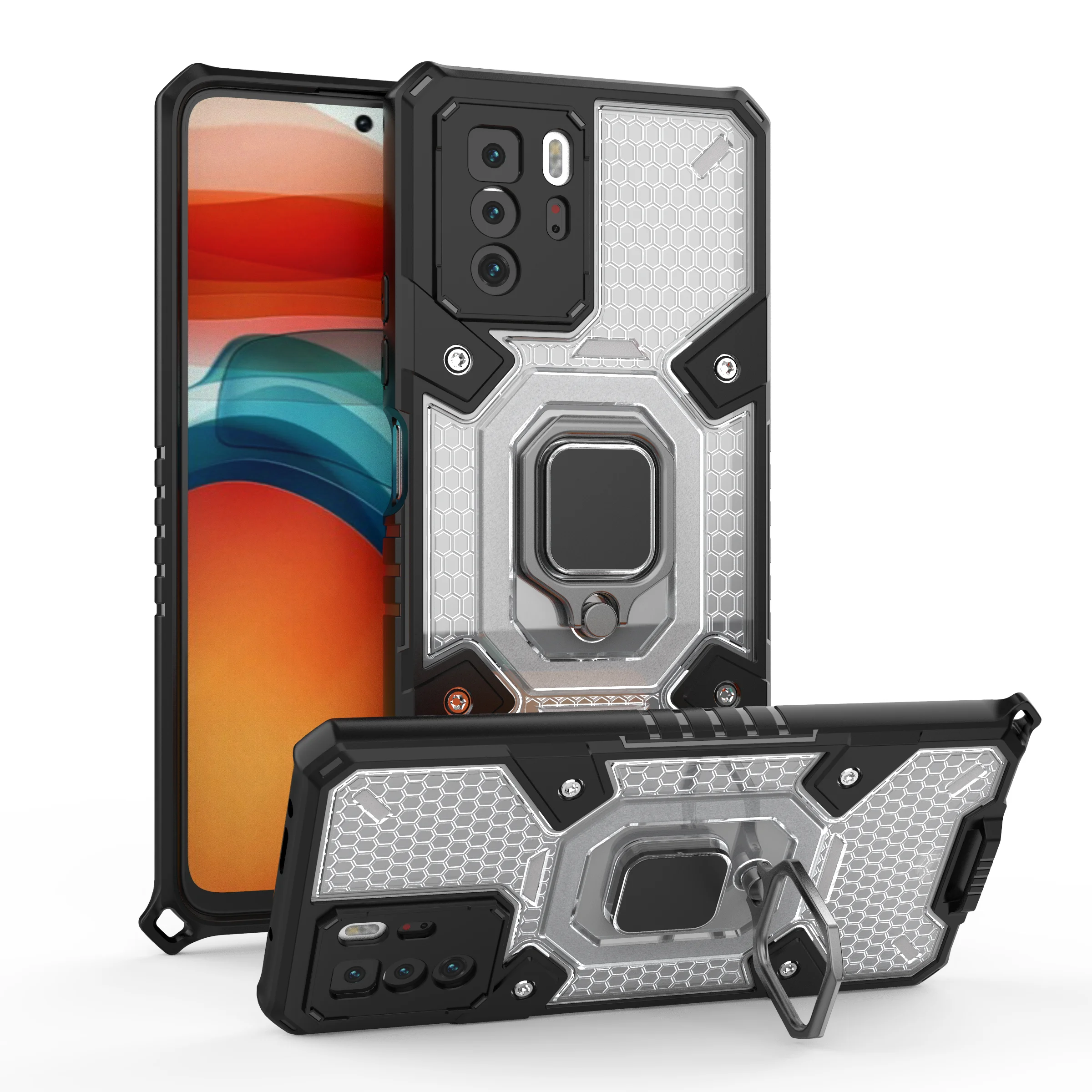 

Luxury shockproof Armor With Ring Bracket Transparent honeycomb Phone Case For Xiaomi Redmi Note 10 Pro 4G 5G 10S Max TPU Cover