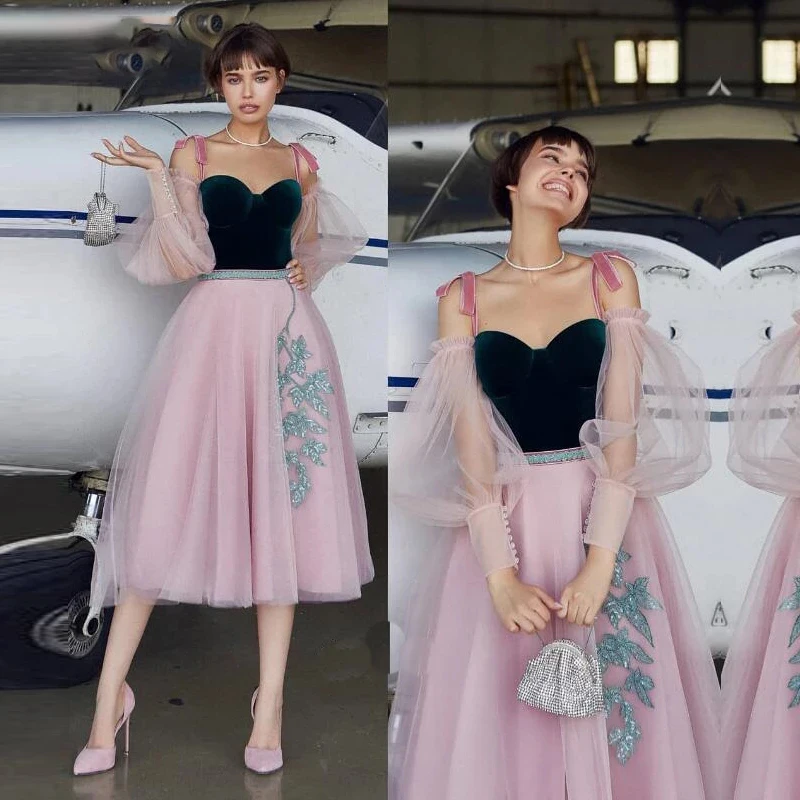 

Evening Dress Sweetheart Pastrol Tea-Length Chiffion A-LINE VELOUR Sleeveless Sequined CRYSTAL Appliques Prom 2022 New