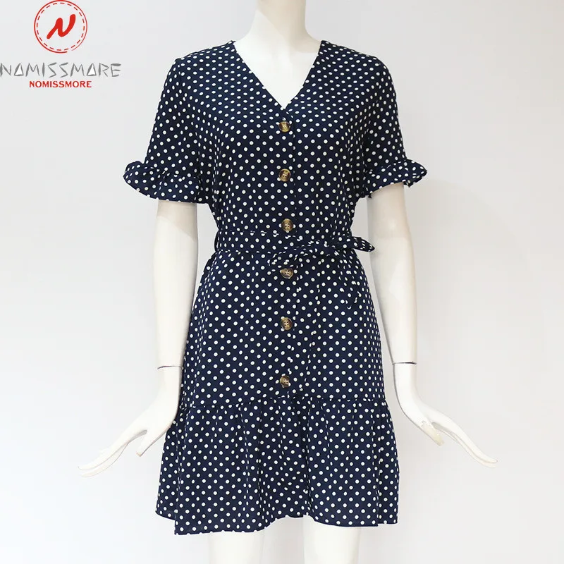 

Women Summer Dot Print A-Line Dress Bandage Design Button Ruffles Decor V-Neck Short Sleeve High Waist Slim Chiffon Mini Dress