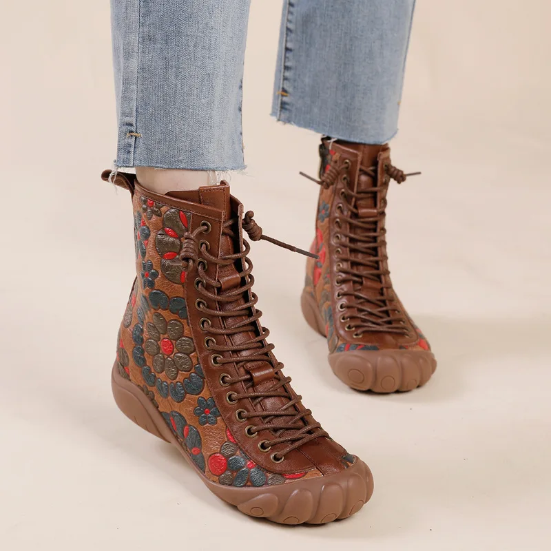 

Female Fashion Flower Platform Boots Retro Genuine Leather Women Gothic Shoes Nightclub Footwear Lace Up Zipper Botas De Mujer