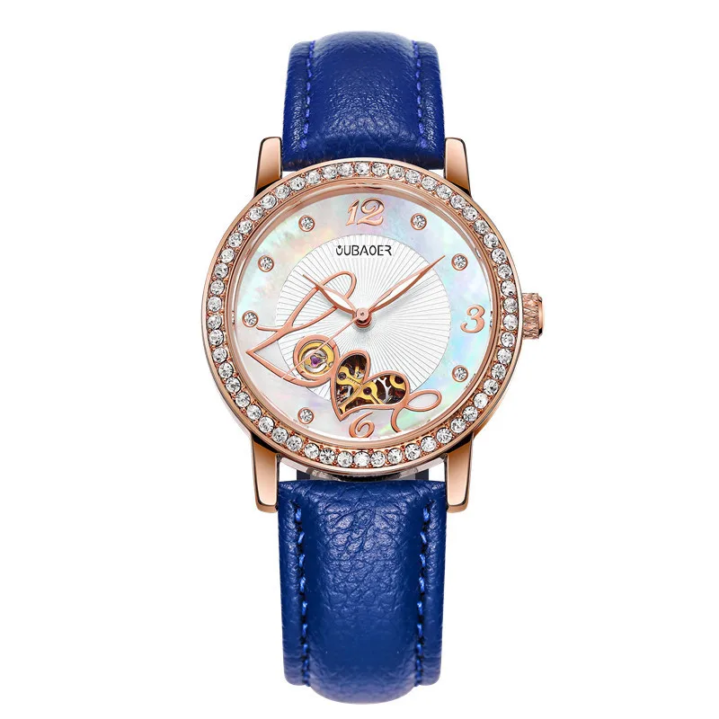 Relogio feminino, OUBAOER, автоматические механические часы для женщин, модные, стразы, полый дизайн, часы с кожаным ремешком, водонепроницаемые часы - Цвет: rose blue 005B