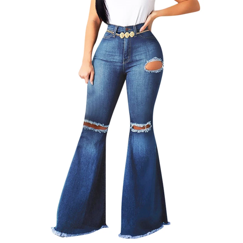 Женские синие расклешенные джинсы брюки с высокой талией корейская мода 2019 женские облегающие джинсовые