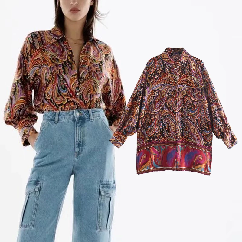 

Женская рубашка с длинным рукавом, отложным воротником и геометрическим принтом, блузки на пуговицах, женская уличная одежда, топы OZZ1374