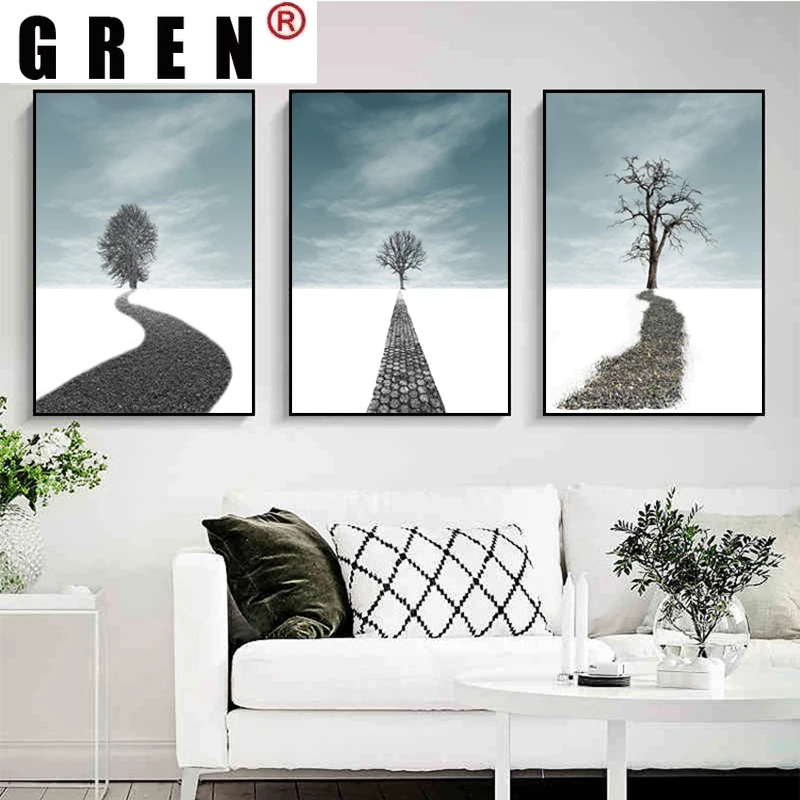 

GREN Tree Road Poster Snow Landscape Minimalist Prints Pictures Canvas Painting Modern Wall Art For Living Room Sofa Home Decor