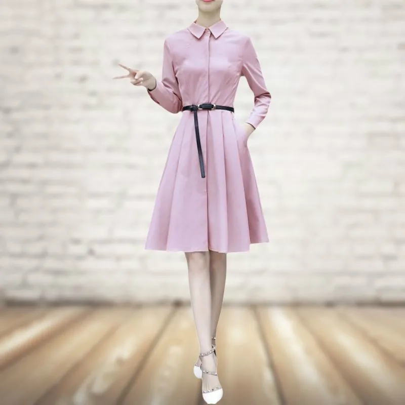 

Women's Spring Summer Style Women's Dress Turn-down Collar Slim Simple Style Sashes Elegant Temperament Dress SS3095