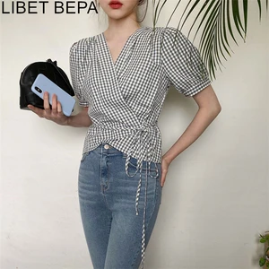 Женская блузка в клетку, с пышными рукавами, повседневная, нестандартная, на шнуровке, BL2098, лето 2021