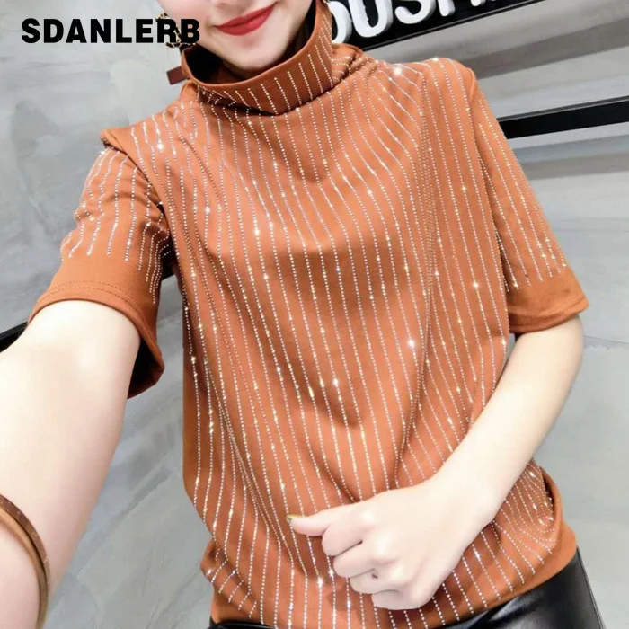 Женская хлопковая футболка женская с высоким воротником Стразы со стразами