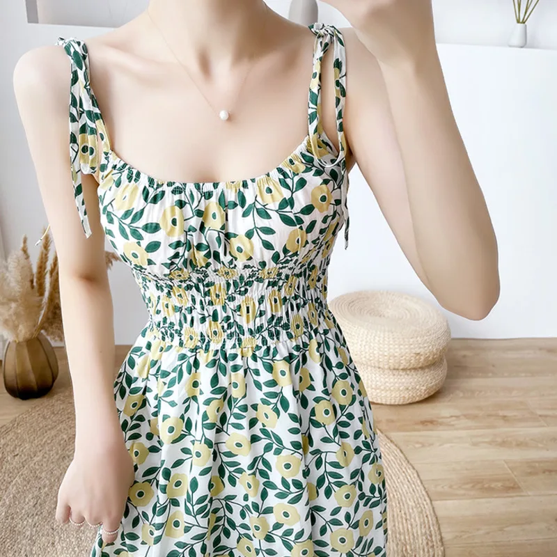 

Chic Bandage Design Floral Spaghetti Strap Dress Women Korean Style Vintage Midi Vestidos Casual Beach Sling Females 2021 Summer