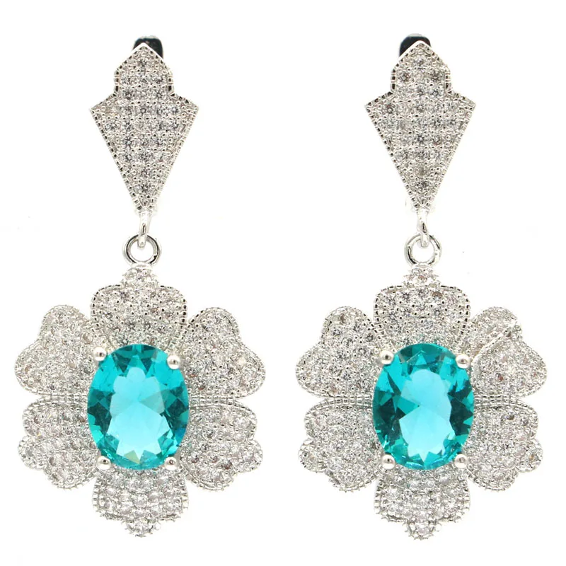 

40x20mm SheCrown 2020 Created Rich Blue Aquamarine White CZ Gift For Sister Silver Earrings