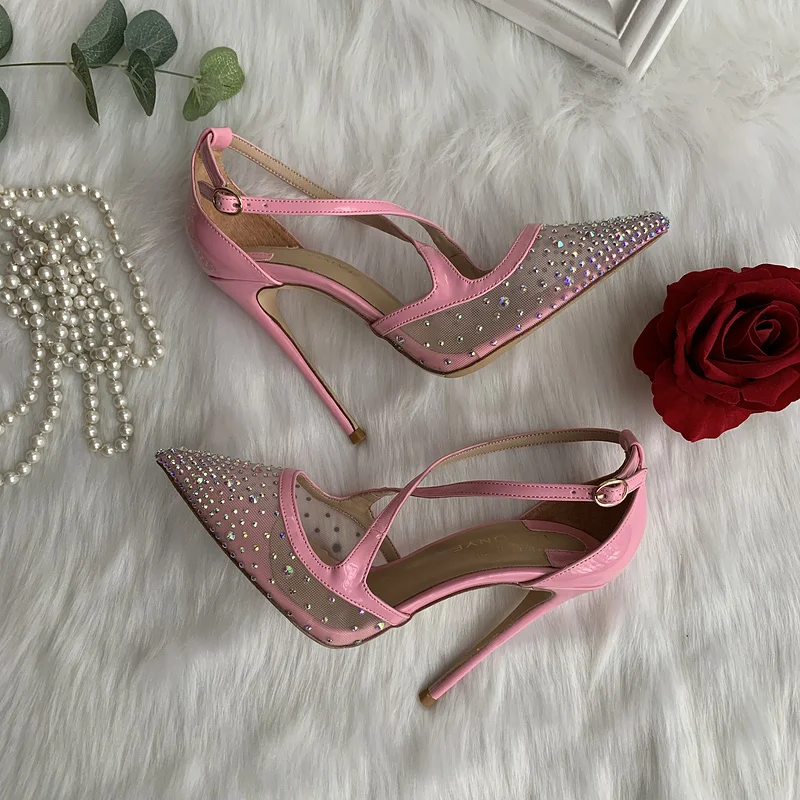 2020 new hot sale baby pink patent with crystal stone mesh gauze cross ankle straps girl lady women 120mm high heel summer shoes | Обувь